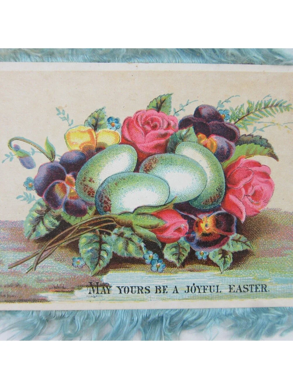 Victorian Greeting Card Easter Blue Silk Fringe Double Sided Flowers Egg Antique